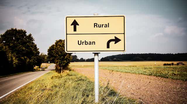 A road sign on the side of the road near a field. One arrow points towards "rural" and the other points towards "urban".
