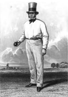 Cricketer in old-fashioned kit and top hat
