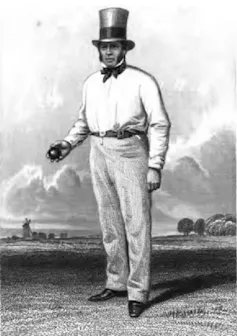 Cricketer in old-fashioned kit and top hat