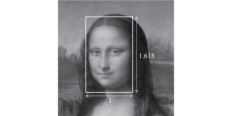 a rectangle over Mona Lisa's face labels the vertical and horizontal ratio