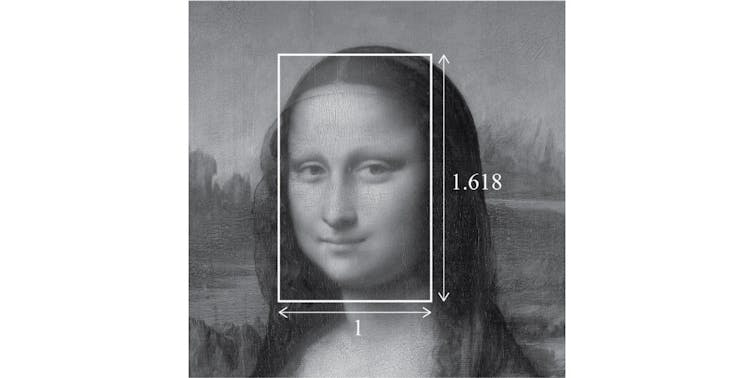 a rectangle over Mona Lisas face labels the vertical and horizontal ratio