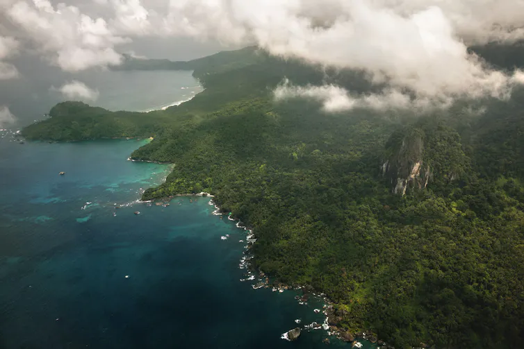 This is an aerial photo of the densely forested, mountainous island.