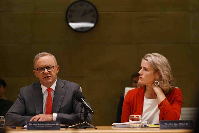 Prime Minister Anthony Albanese and Minister for Home Affairs Clare O’Neil at the cybersecurity roundtable, February 2023