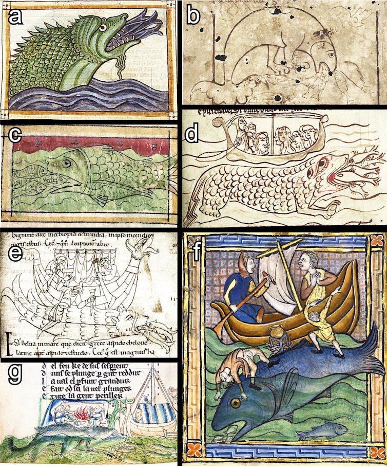 A series of images from medieval manuscripts showing giant whales or fish swallowing shoals of smaller fish