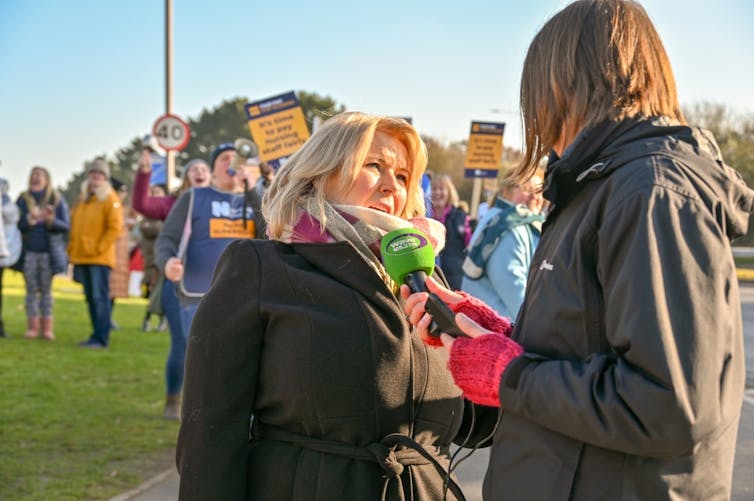 Bournemouth, UK-February 07 2023: General secretary of the Royal College of Nursing, Pat Cullen visiting the picket line of striking nurses at Royal Bournemouth Hospital