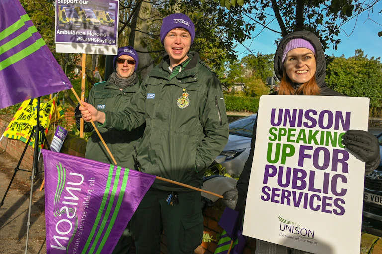 Bournemouth, UK- January 23 2023: Striking Paramedics and other ambulance workers picket outside their station