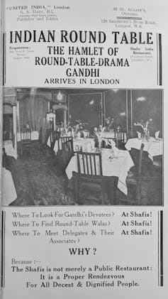 Newspaper advert for restaurant, headed 'Indian round table, the hamlet of round-table-drama, Gandhi arrives in London.