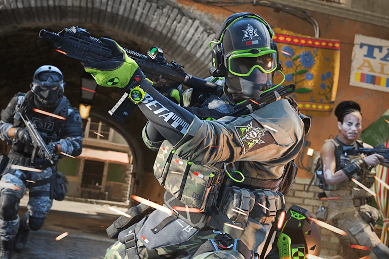 A still from COD: Modern Warfare 2 showing fighters in grey helmets with neon green trim.