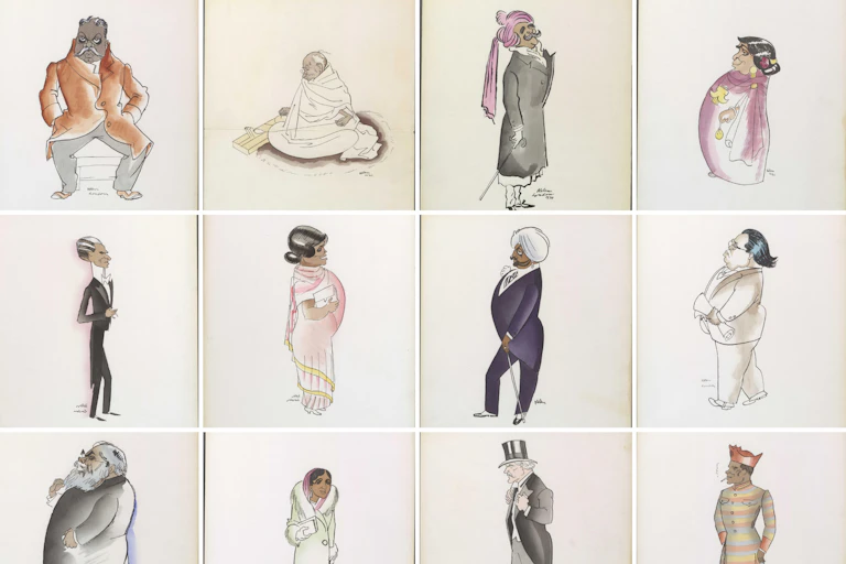 Caricatures of formally dressed Indian men and women, Ramsay MacDonald and Gandhi