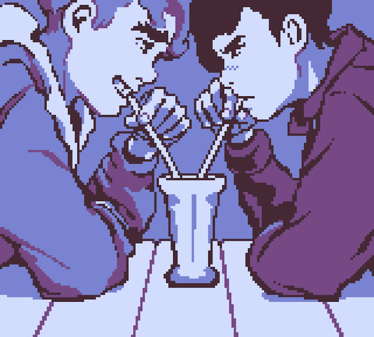 Ferguson and Ken sharing a milkshake both holding their straws looking at each other