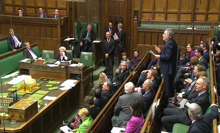 Gordon Brown making a speech in the House of Commons chamber.