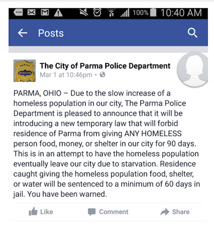 A post on a fake Facebook page for the Parma Police Department that says no one will be allowed to provide material help to homeless people.