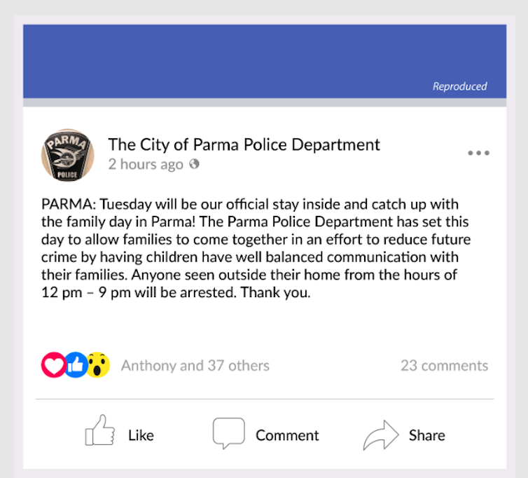 A screenshot of a fake Facebook page announcing the Parma Police Department's 'stay inside and catch up with the family day.'
