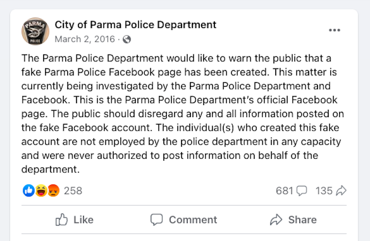An official Parma Police Department Facebook posting that says 'The Parma Police Department would like to warn the public that a fake Parma Police Facebook page has been created.'