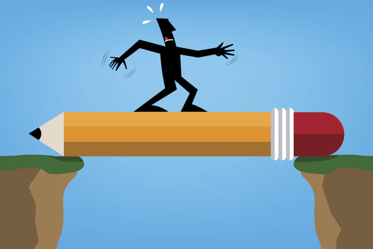 A figure walking carefully across a pencil balanced over a chasm.