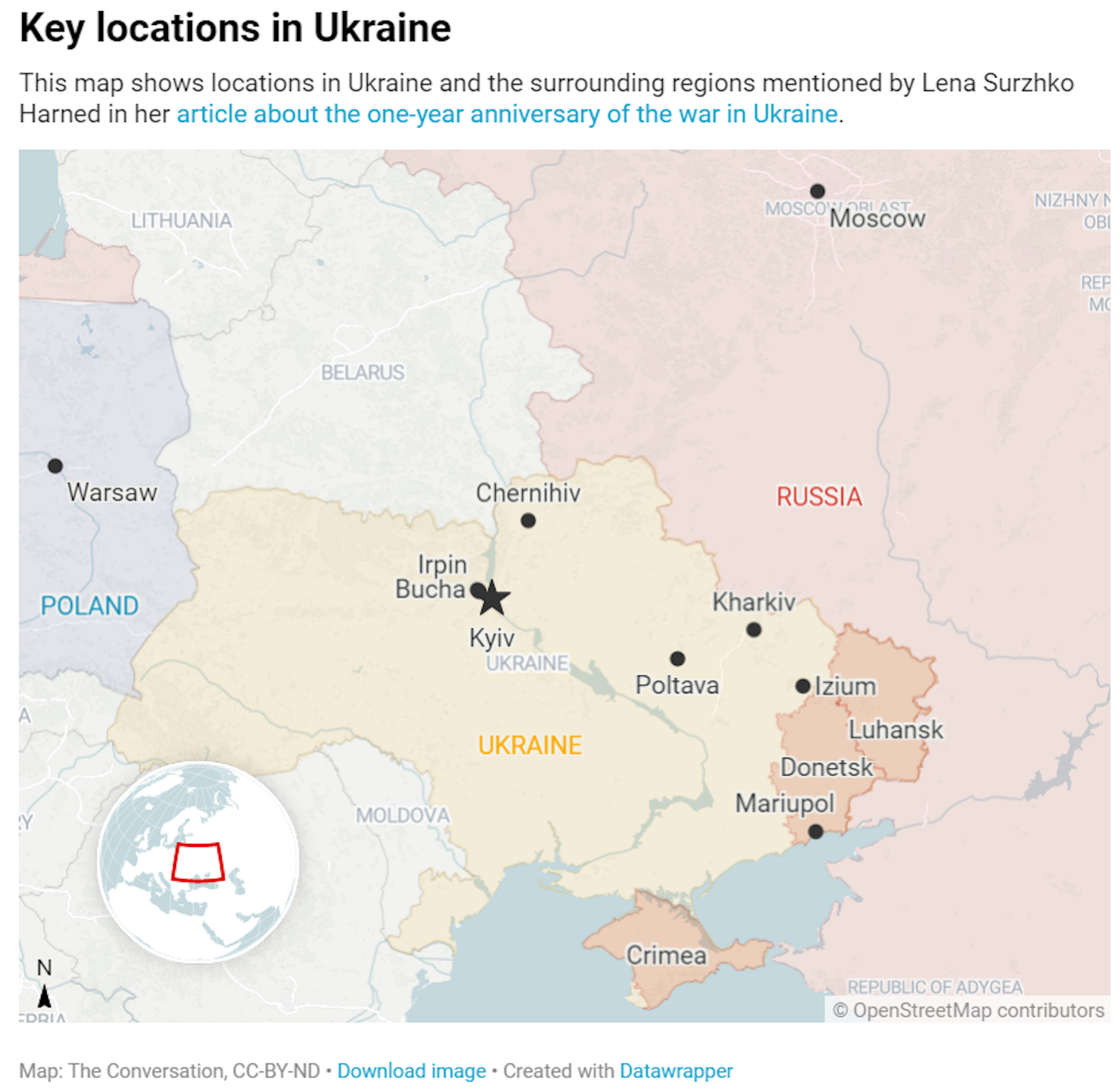 A map highlighting key locations in Ukraine.