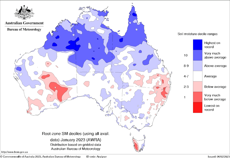 Map of Australia showing soil moisture levels