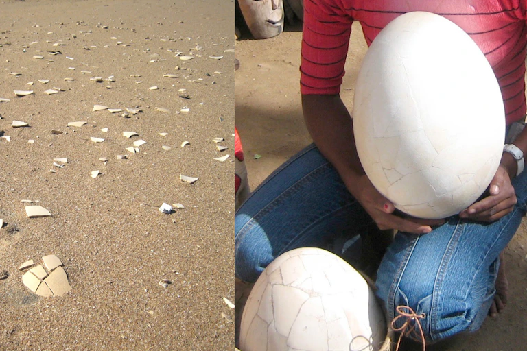 Scattered pieces of eggshell on a beach and a woman holding an egg the size of her torso