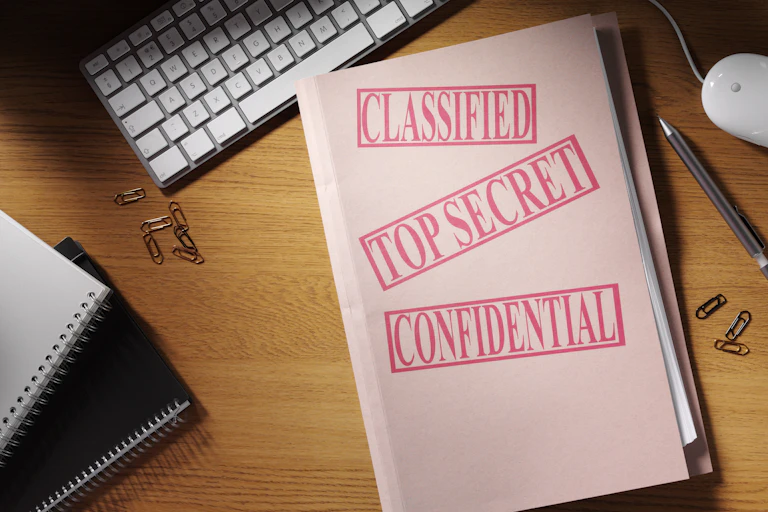 A manila folder with the words 'classified, top secret and confidential' stamped on it in red.
