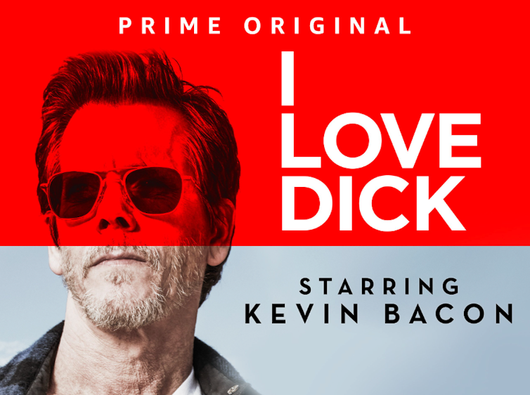A red and grey film poster for the series I Love Dick showing the actor Kevin Bacon wearing aviator sunglasses.