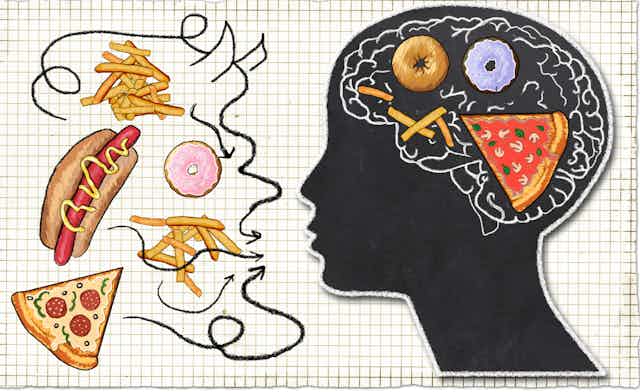 Illustration of a head in silhouette with pizza and donuts in its brain, with food hovering in front of it
