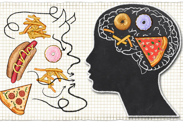 Illustration of a head in silhouette with pizza and donuts in its brain, with food hovering in front of it