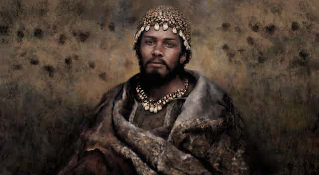 A detailed painting of a man with a beard and a cap and necklace made out of small shells