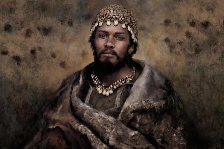 A detailed painting of a man with a beard and a cap and necklace made out of small shells