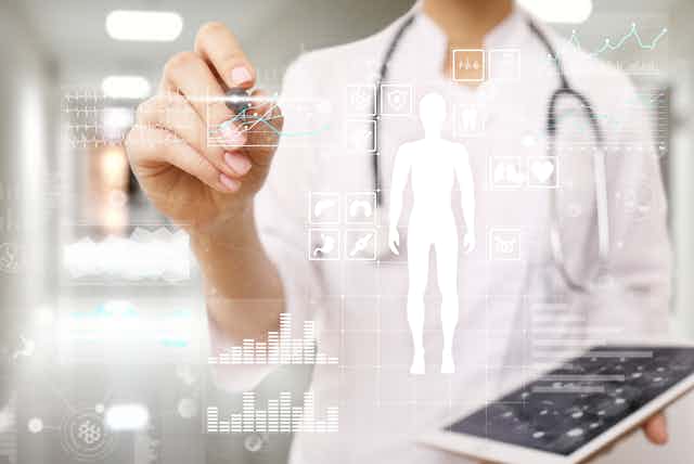 concept illustration of doctor with health data floating in air