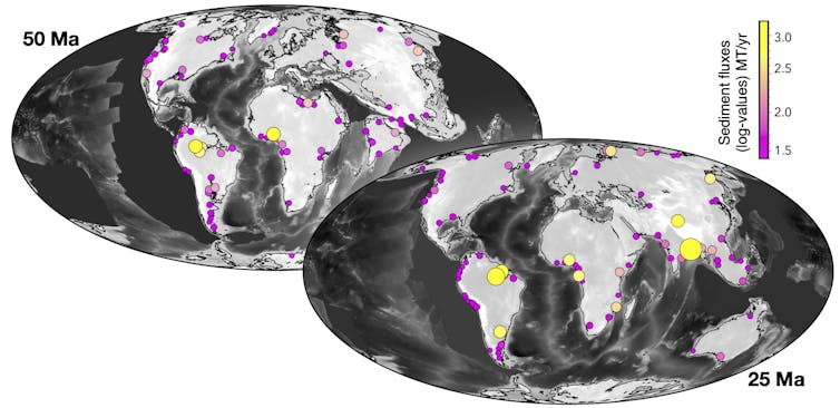 Map view (pink and yellow circles) of the 100 highest river sediment flows at specific times.