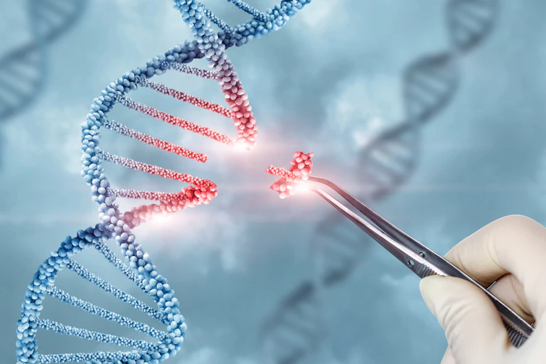 Gloved hand removes part of a DNA strand with tweezers