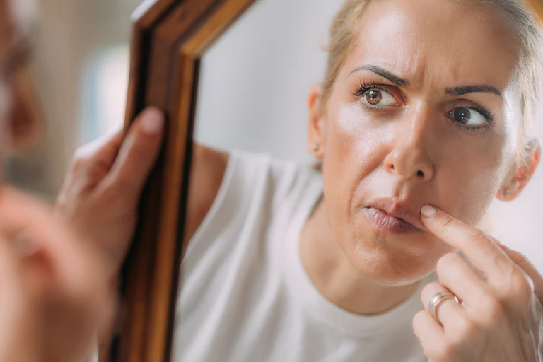 An adult woman, with blond hair, brown eyes, and a concerned look, examines her facial features in a hand-held mirror.