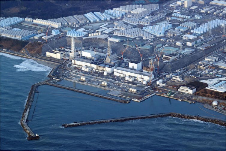 Aerial photo of the Fukushima Daiichi nuclear power plant in Okuma town, Fukushima prefecture, north of Tokyo, on March 17, 2022.