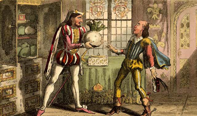 A king in a doublet pulls a comically large turnip out of a cupboard and presents it to a shocked servant. 