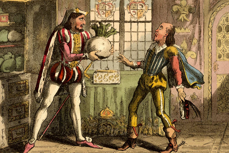 A king in a doublet pulls a comically large turnip out of a cupboard and presents it to a shocked servant.