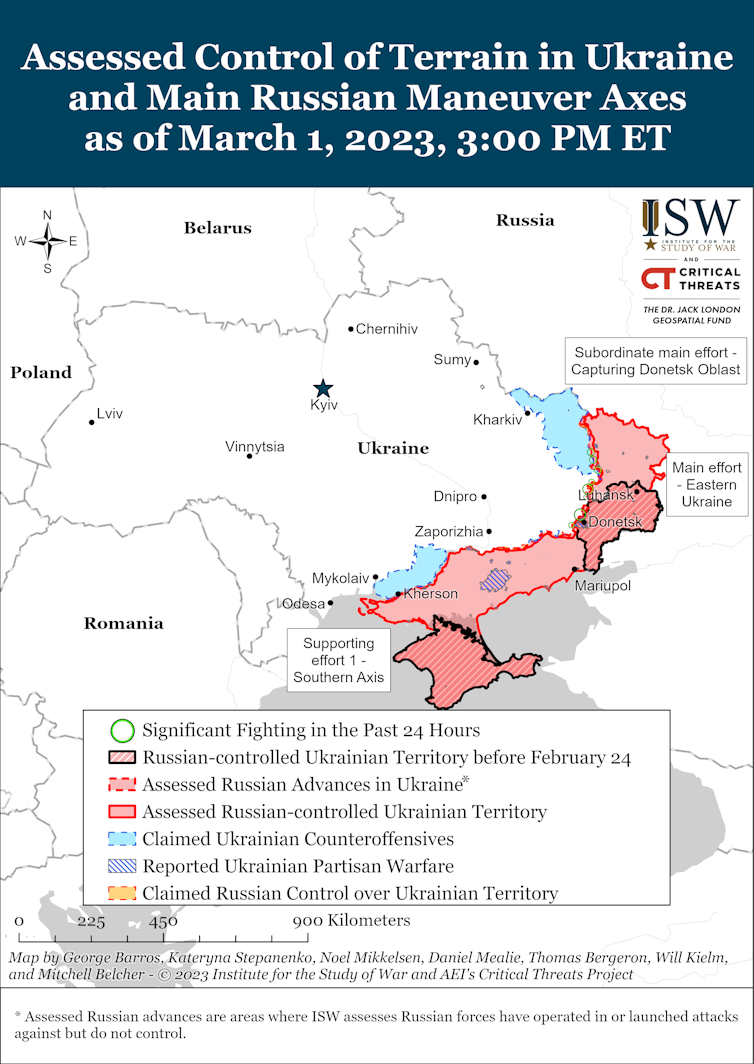 Map of Ukraine showing Russian controlled  and advances in red and Ukrainian counteroffensives in blue.