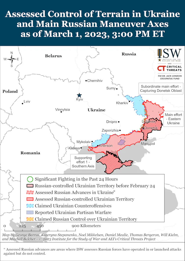 Map of Ukraine showing Russian controlled and advances in red and Ukrainian counteroffensives in blue.