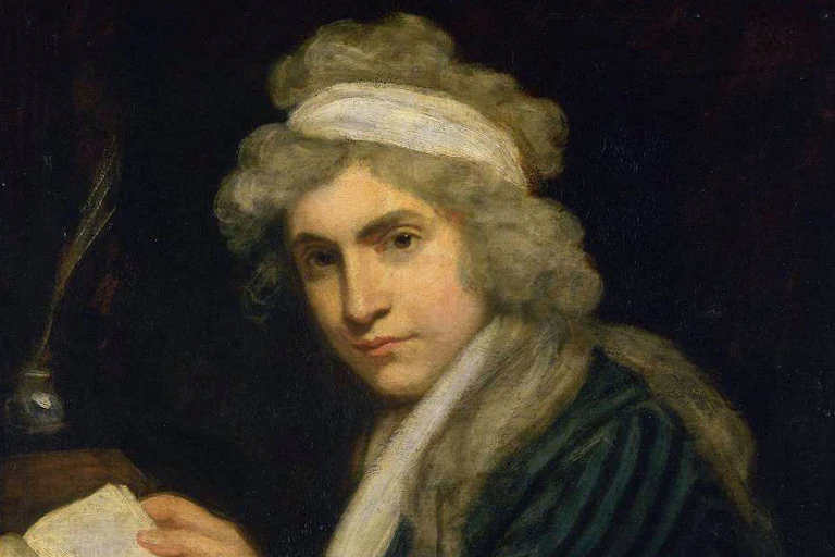 A painting of Mary Wollstonecraft holding a book but looking directly at the viewer..