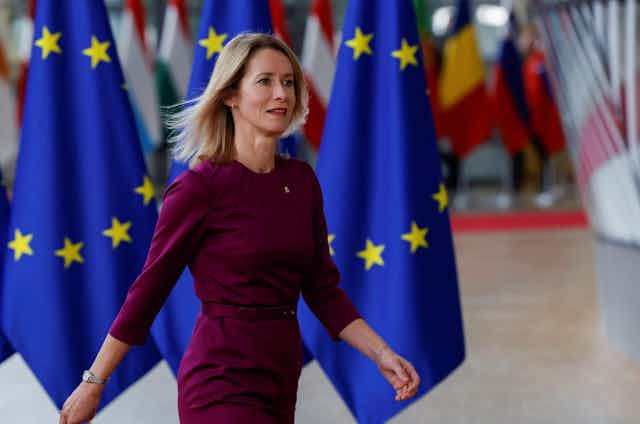 A woman in a purple dress walks past EU flags.