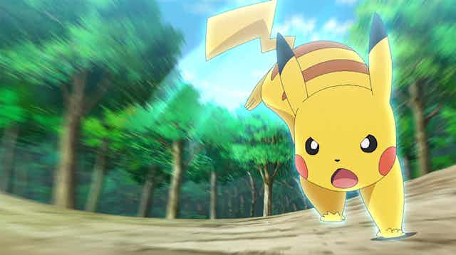 Pikachu running towards battle surrounded by trees. He is a yellow, mouse-like creature with pointy ears and a lightning bolt tail. 