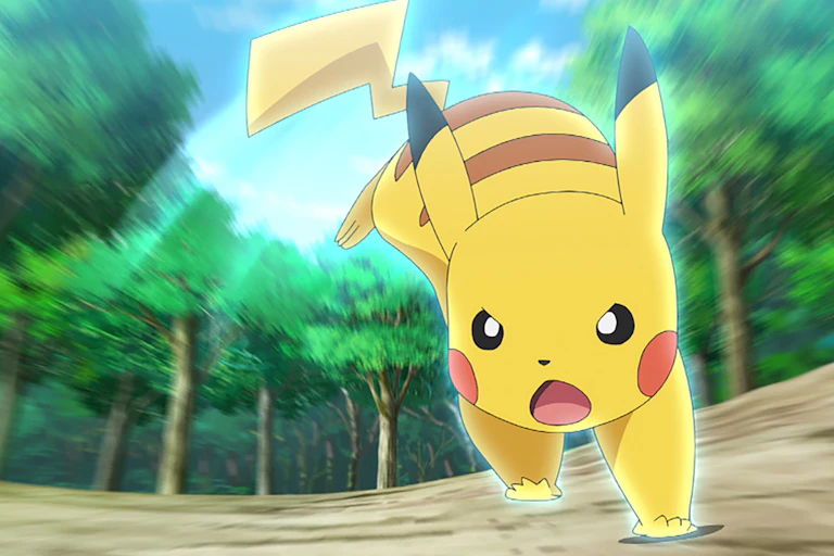 Pikachu running towards battle surrounded by trees. He is a yellow, mouse-like creature with pointy ears and a lightning bolt tail.