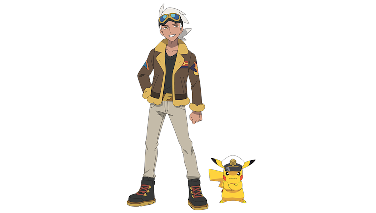 Cartoon of a man with white hair in an aviator jacket stood next to a Pikachu wearing a captain's hat.
