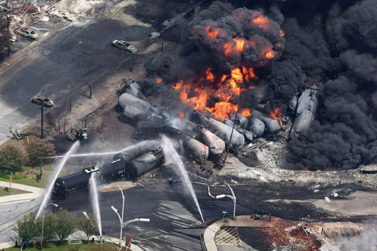 De la fumée se dégage de wagons contenant du pétrole brut après le déraillement d’un train