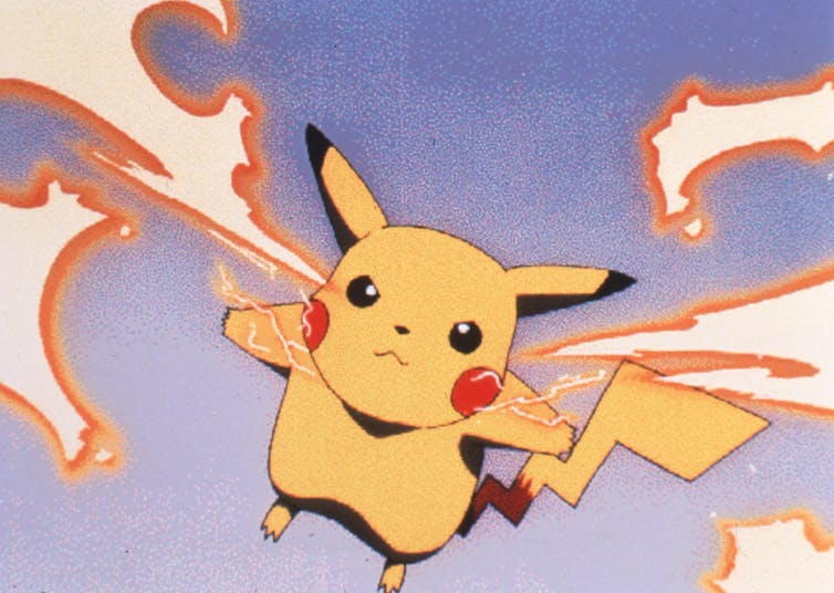 Pikachu cartoon showing the character sending lightning out of its cheeks.