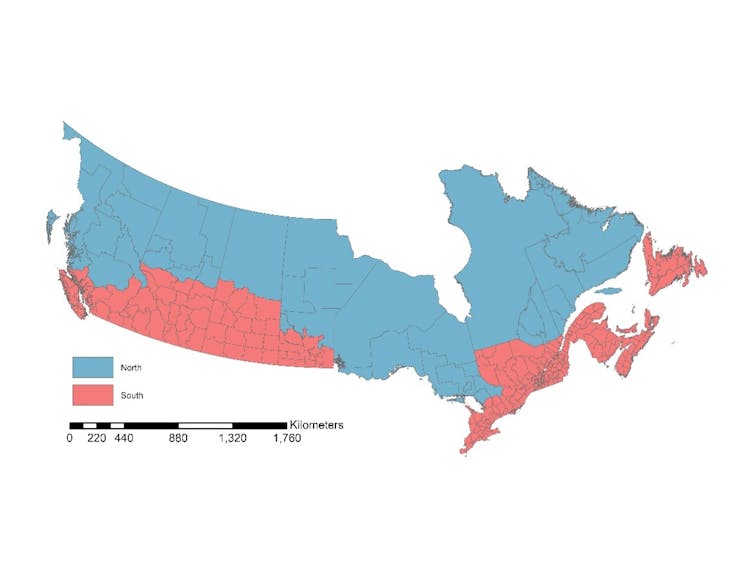 A map is seen that highlights a large swath of broad territory, lands in Canada.
