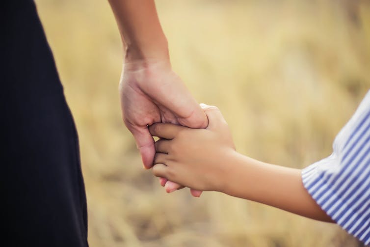 An adult hand holding a child's hand.