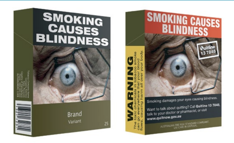 Paquets de cigarettes montrant un globe oculaire et l’avertissement « fumer rend aveugle »