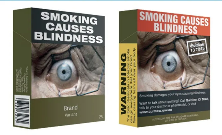 Paquets de cigarettes montrant un globe oculaire et l’avertissement « fumer rend aveugle »