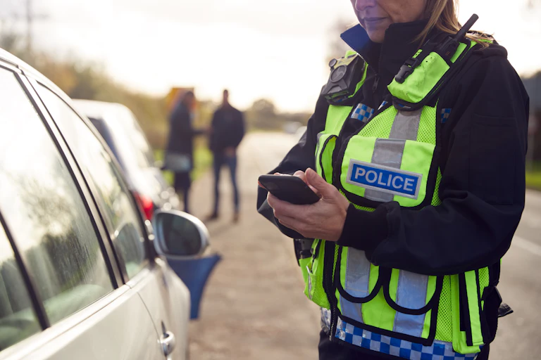 A female police officer stands by the driver side of a car and types on her mobile device, taking details