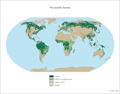 World map with wide swaths of forested areas in deep green.
